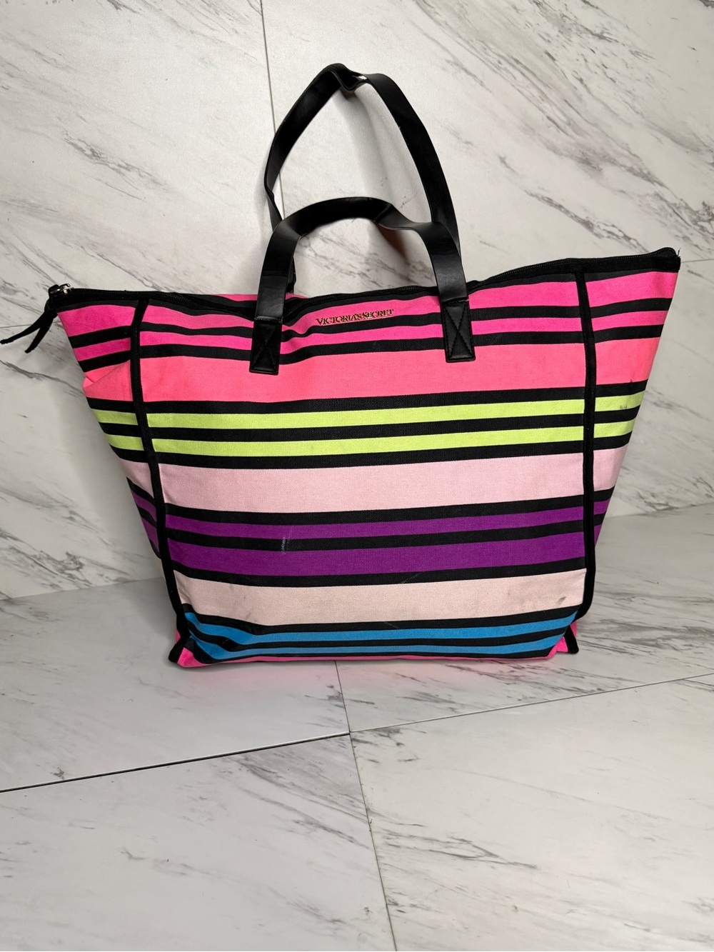 3/$50 Vintage Victoria's Secret Y2K Rainbow Neon Striped Canvas Tote Beach Bag